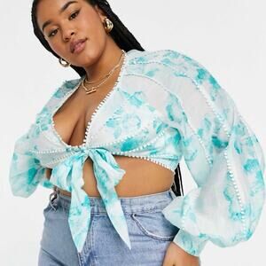 ASOS Blue Floral Tie Dye Print Tie Front Long Puff Sleeve Crop Blouse Top Sz 14